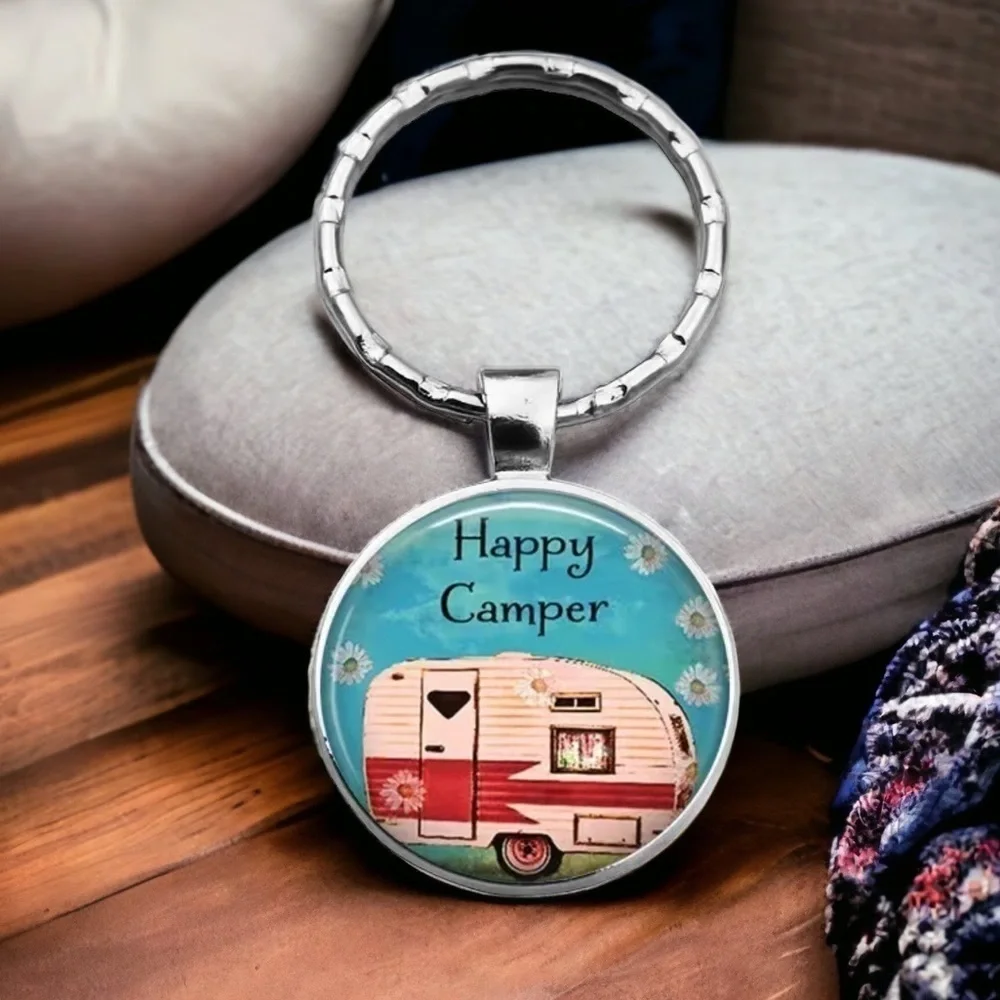 Happy Camper Keyring Fob Round Pendant Keepsake Gift Charm and Black Gift Pouch